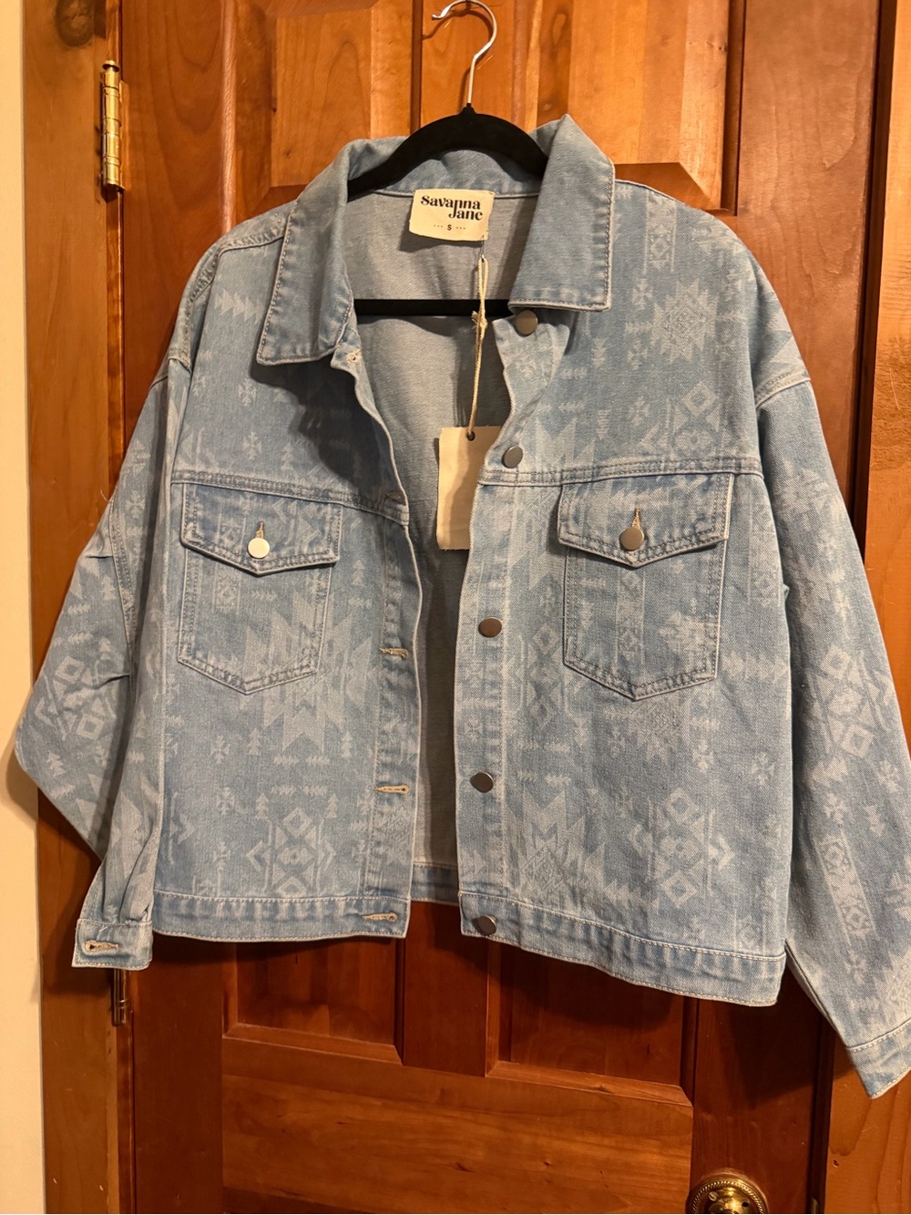 Savanna Jane Light Blue Aztec Patterned Denim Jacket